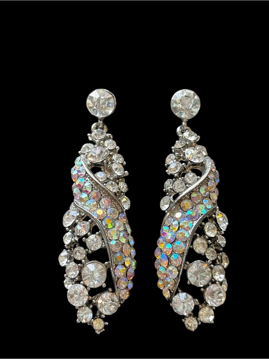 Jewelry - Vintage Rhinestone Drop Earrings Aurora Borealis Crystal Silver Tone Glam